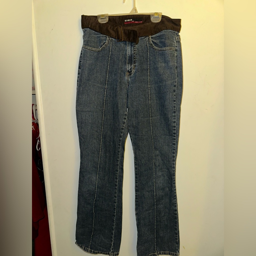 Stylish Blue Flare Jeans with Brown Waistband